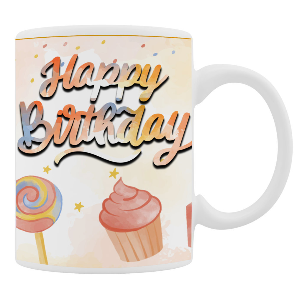 Printed Ceramic Coffee Mug | Happy Birthday With Cakes and Pastry  Printed  | 325 Ml 